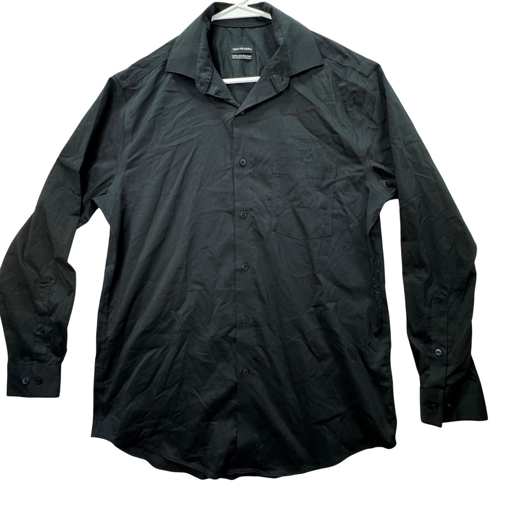 Van Heusen Button Down Shirt Men M Black Ultra Wrinkle Free Stretch Regular Fit